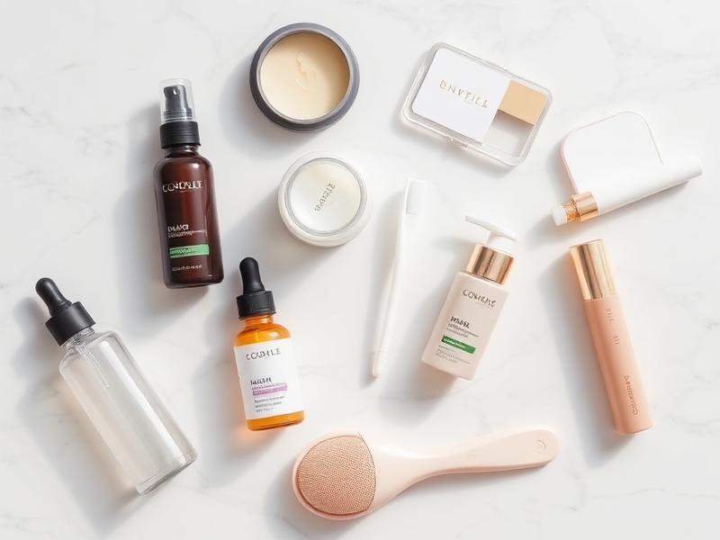 Flat-lay of beauty and skincare products on a marble surface